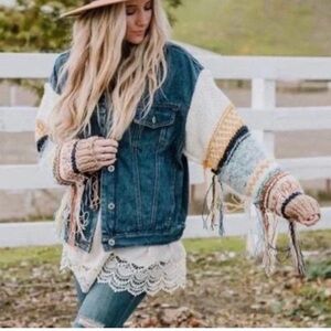 POL Denim Jacket with Multicolor Knit Sleeves